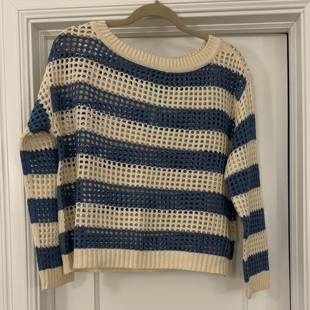 RD Style Open-Knit Crewneck Sweater in Cream and Blue Stripes NWT